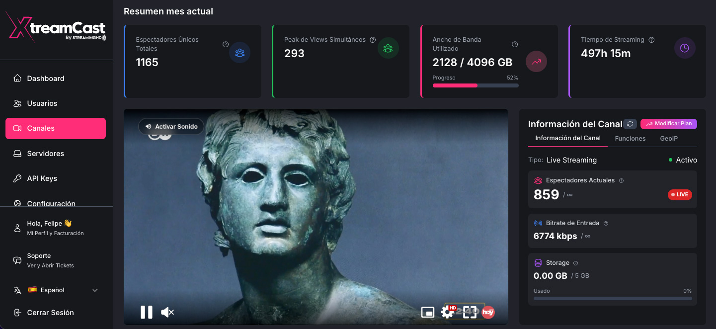 Panel de control del servidor de video: señal en vivo, espectadores y métricas en tiempo real
